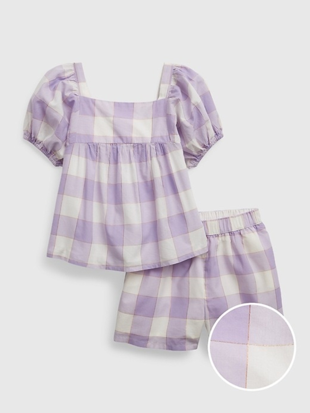 Gap Shiny Rose Gold Lavender Purple Gingham Puff-Sleeve Outfit Set